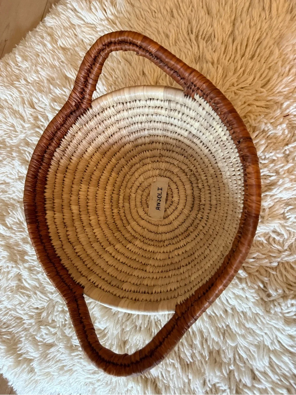 Handwoven Basket with Handles Round Brown Tan